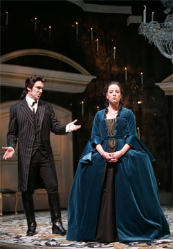 Michael T. Weiss and Tasha Lawrence share a conspiratorial moment in "Les Liaisons Dangereuses," at the Huntington.